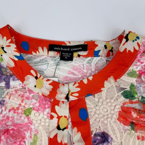 Michael Simon Floral Lace Silk Trim Jacket Size P L Orange Red Sheer Lightweight - Picture 12 of 16